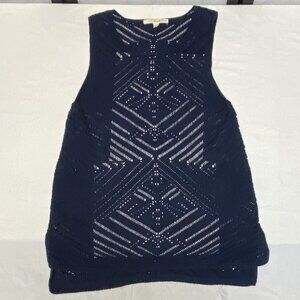 Rewind Sleeveless Open Diamond Crochet Scoop Neck Uneven Split Hem Tank Top Navy